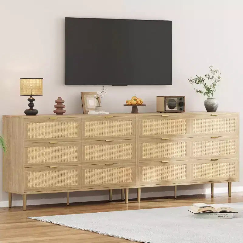 Rattan 6-Drawer Storage Chest with Gold Legs & Handles, Wide Cabinet with Large Tabletop, Anti-Tip, for Bedroom or Living Room