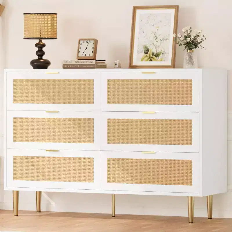 Rattan 6-Drawer Storage Chest with Gold Legs & Handles, Wide Cabinet with Large Tabletop, Anti-Tip, for Bedroom or Living Room