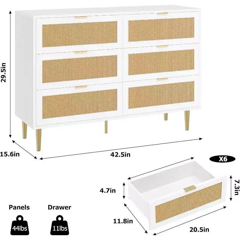 Rattan 6-Drawer Storage Chest with Gold Legs & Handles, Wide Cabinet with Large Tabletop, Anti-Tip, for Bedroom or Living Room