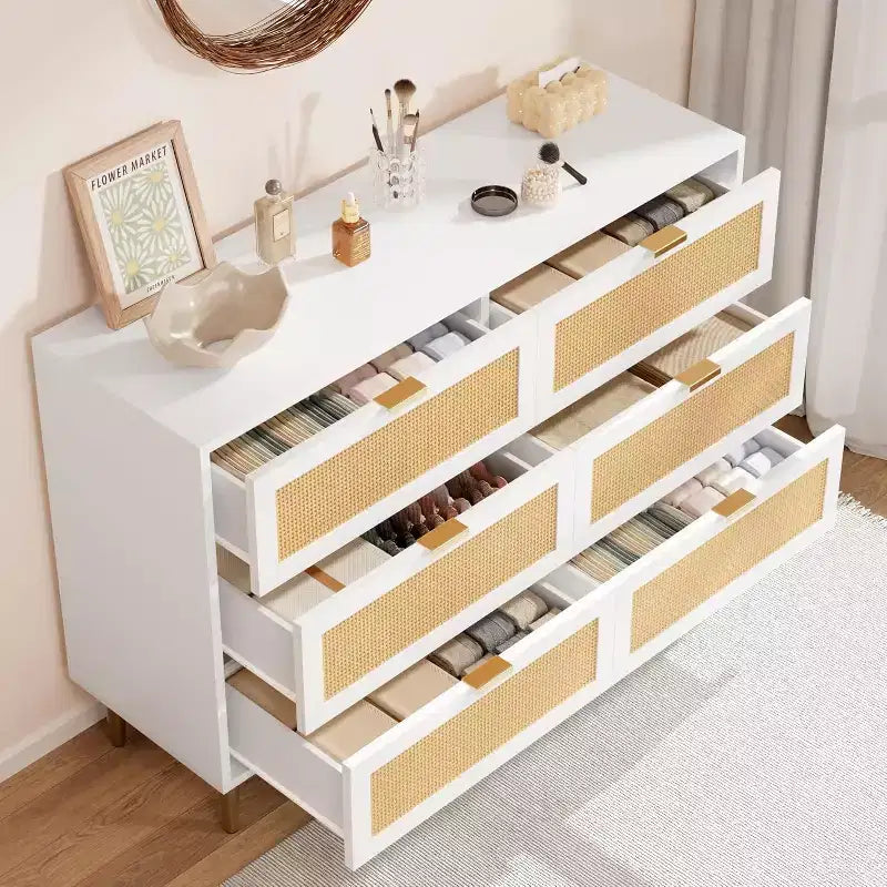 Rattan 6-Drawer Storage Chest with Gold Legs & Handles, Wide Cabinet with Large Tabletop, Anti-Tip, for Bedroom or Living Room