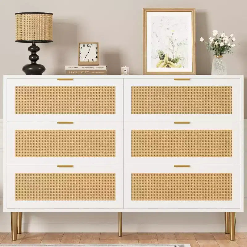 Rattan 6-Drawer Storage Chest with Gold Legs & Handles, Wide Cabinet with Large Tabletop, Anti-Tip, for Bedroom or Living Room