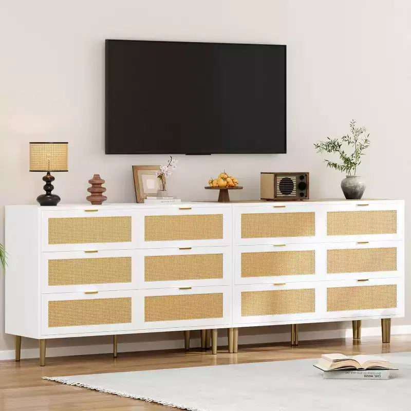 Rattan 6-Drawer Storage Chest with Gold Legs & Handles, Wide Cabinet with Large Tabletop, Anti-Tip, for Bedroom or Living Room
