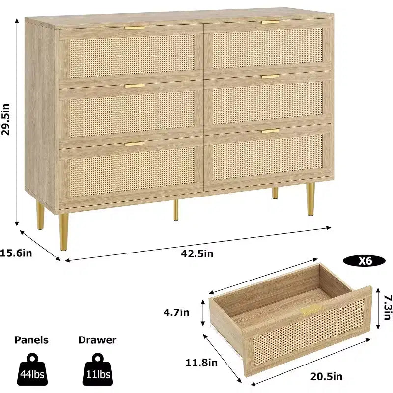 Rattan 6-Drawer Storage Chest with Gold Legs & Handles, Wide Cabinet with Large Tabletop, Anti-Tip, for Bedroom or Living Room