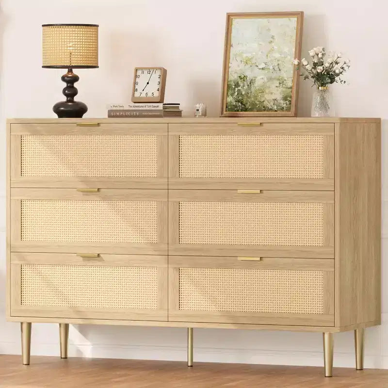 Rattan 6-Drawer Storage Chest with Gold Legs & Handles, Wide Cabinet with Large Tabletop, Anti-Tip, for Bedroom or Living Room