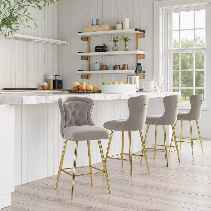 Gray Velvet Bar Stools Set of 2, Button-Tufted Wing-Back,Metal Legs for Kitchen Island & Pub