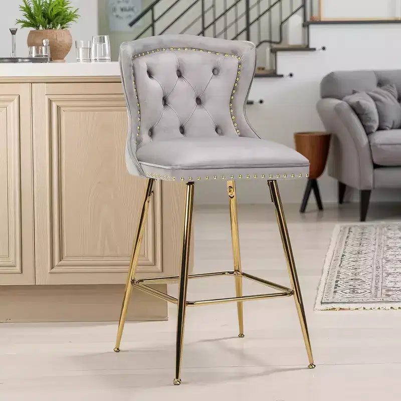 Gray Velvet Bar Stools Set of 2, Button-Tufted Wing-Back,Metal Legs for Kitchen Island & Pub