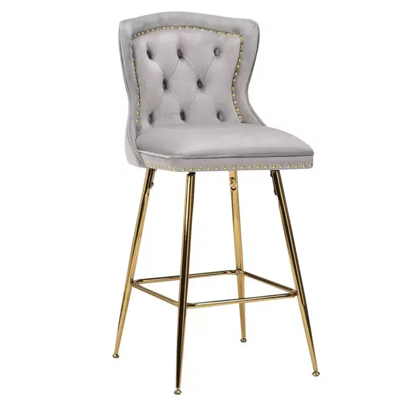Gray Velvet Bar Stools Set of 2, Button-Tufted Wing-Back,Metal Legs for Kitchen Island & Pub