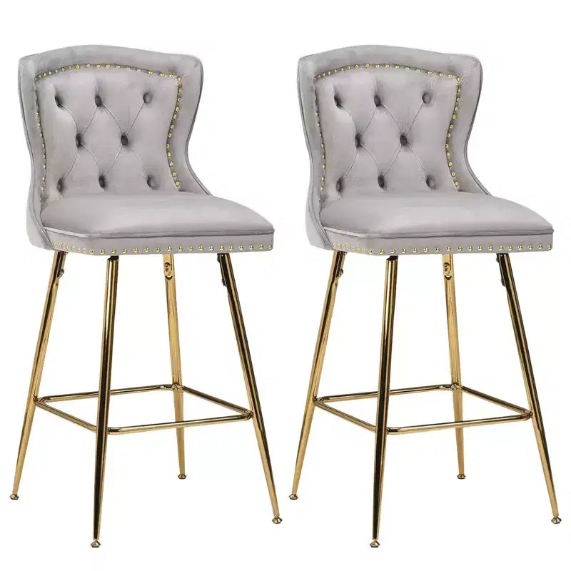 Gray Velvet Bar Stools Set of 2, Button-Tufted Wing-Back,Metal Legs for Kitchen Island & Pub