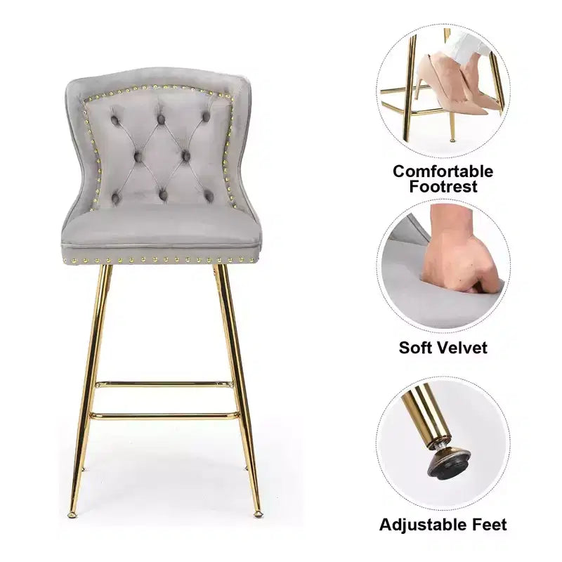 Gray Velvet Bar Stools Set of 2, Button-Tufted Wing-Back,Metal Legs for Kitchen Island & Pub