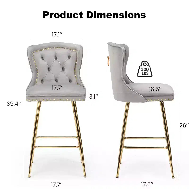 Gray Velvet Bar Stools Set of 2, Button-Tufted Wing-Back,Metal Legs for Kitchen Island & Pub
