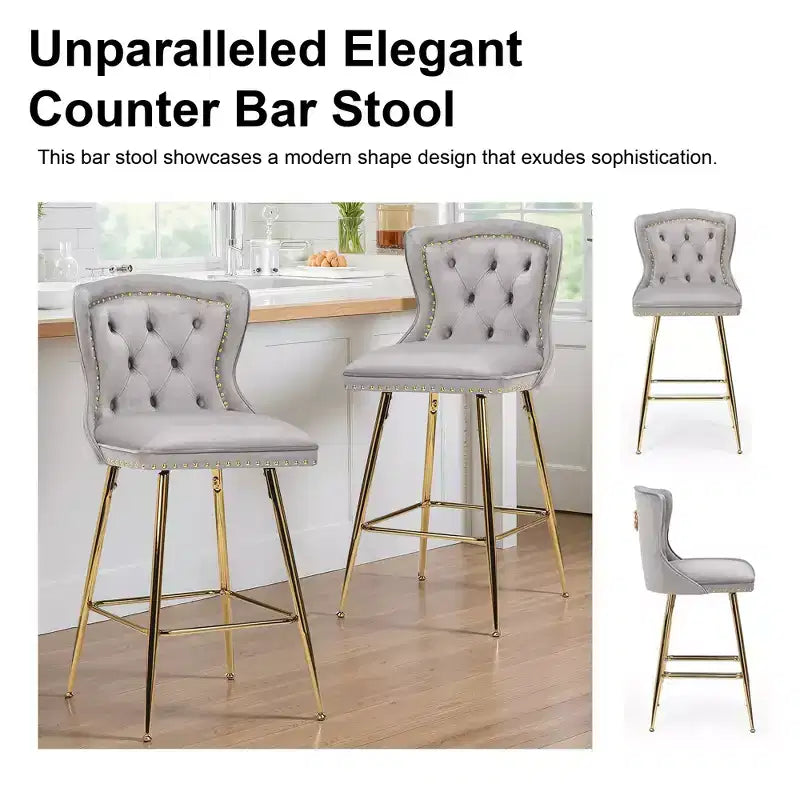 Gray Velvet Bar Stools Set of 2, Button-Tufted Wing-Back,Metal Legs for Kitchen Island & Pub