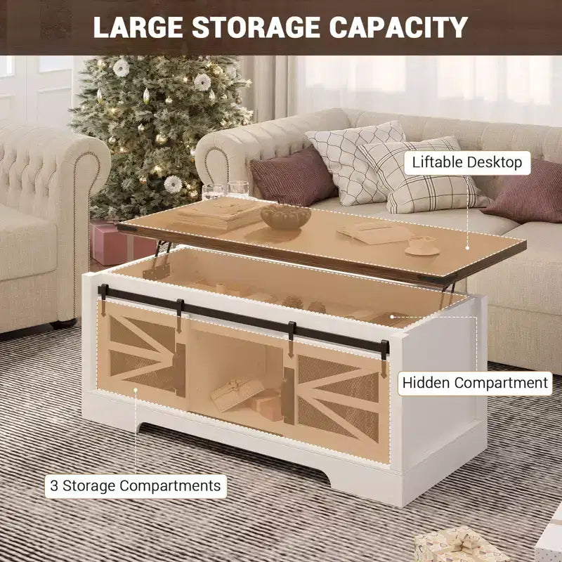 47 Inch Lift Top Coffee Tables with Storage & Sliding Barn Doors, Farmhouse Wood Cocktail Table, Living Room Furniture for Apartments