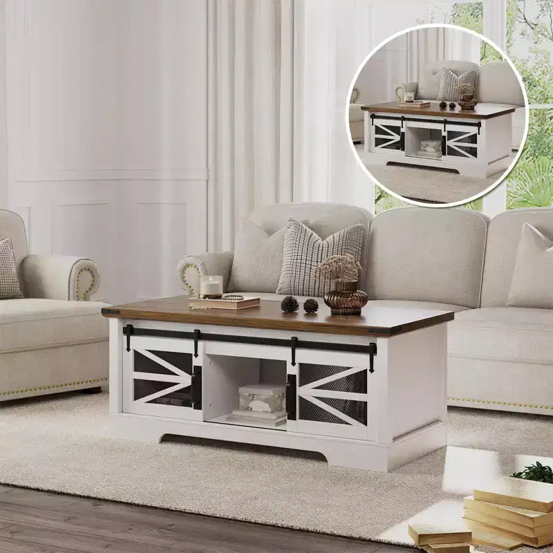 47 Inch Lift Top Coffee Tables with Storage & Sliding Barn Doors, Farmhouse Wood Cocktail Table, Living Room Furniture for Apartments