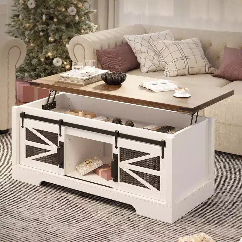 47 Inch Lift Top Coffee Tables with Storage & Sliding Barn Doors, Farmhouse Wood Cocktail Table, Living Room Furniture for Apartments
