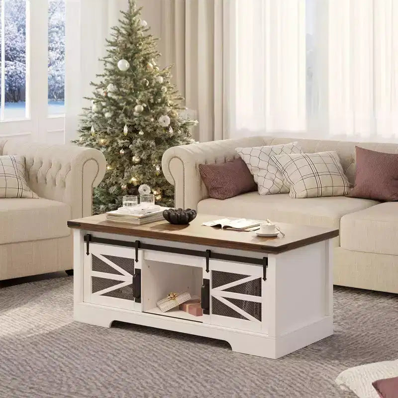 47 Inch Lift Top Coffee Tables with Storage & Sliding Barn Doors, Farmhouse Wood Cocktail Table, Living Room Furniture for Apartments