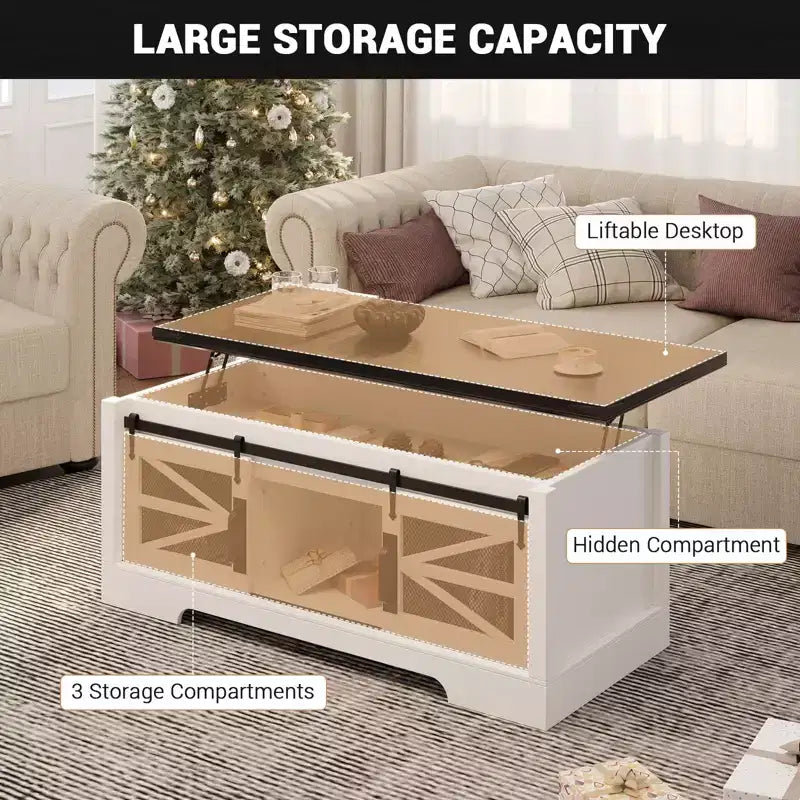 47 Inch Lift Top Coffee Tables with Storage & Sliding Barn Doors, Farmhouse Wood Cocktail Table, Living Room Furniture for Apartments