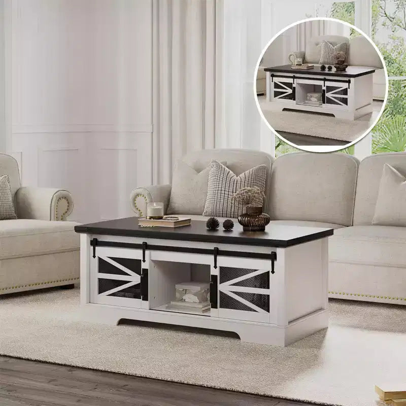 47 Inch Lift Top Coffee Tables with Storage & Sliding Barn Doors, Farmhouse Wood Cocktail Table, Living Room Furniture for Apartments