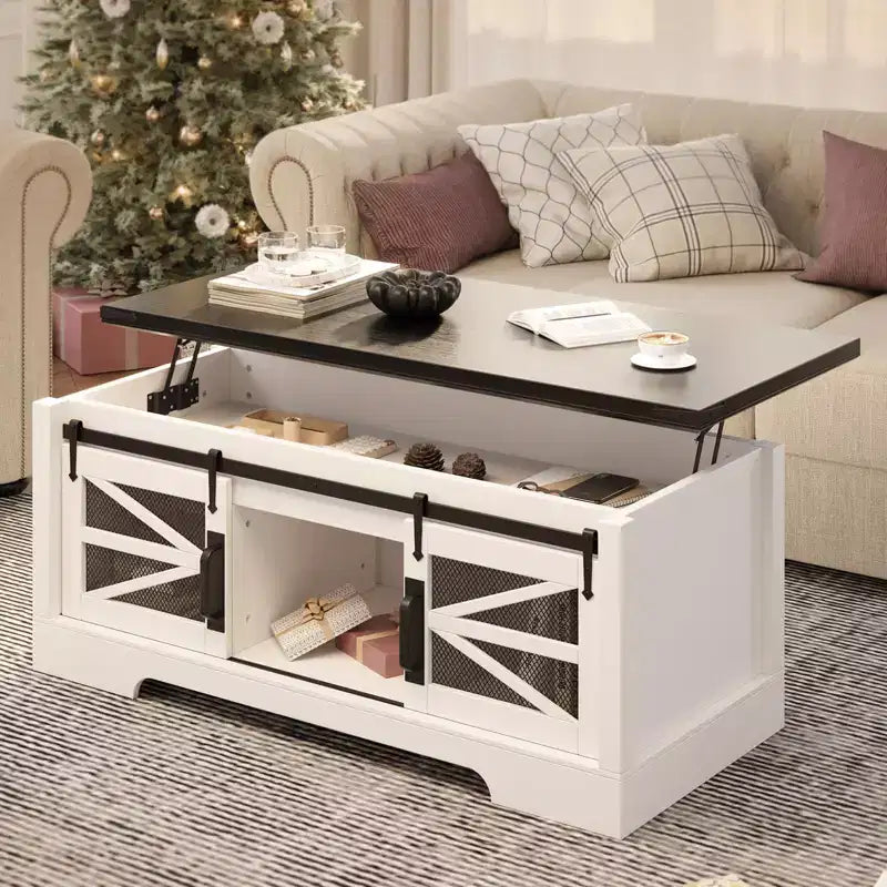47 Inch Lift Top Coffee Tables with Storage & Sliding Barn Doors, Farmhouse Wood Cocktail Table, Living Room Furniture for Apartments
