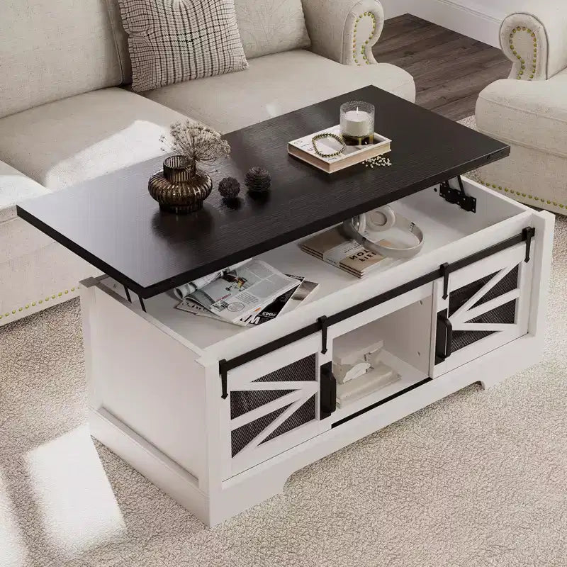 47 Inch Lift Top Coffee Tables with Storage & Sliding Barn Doors, Farmhouse Wood Cocktail Table, Living Room Furniture for Apartments