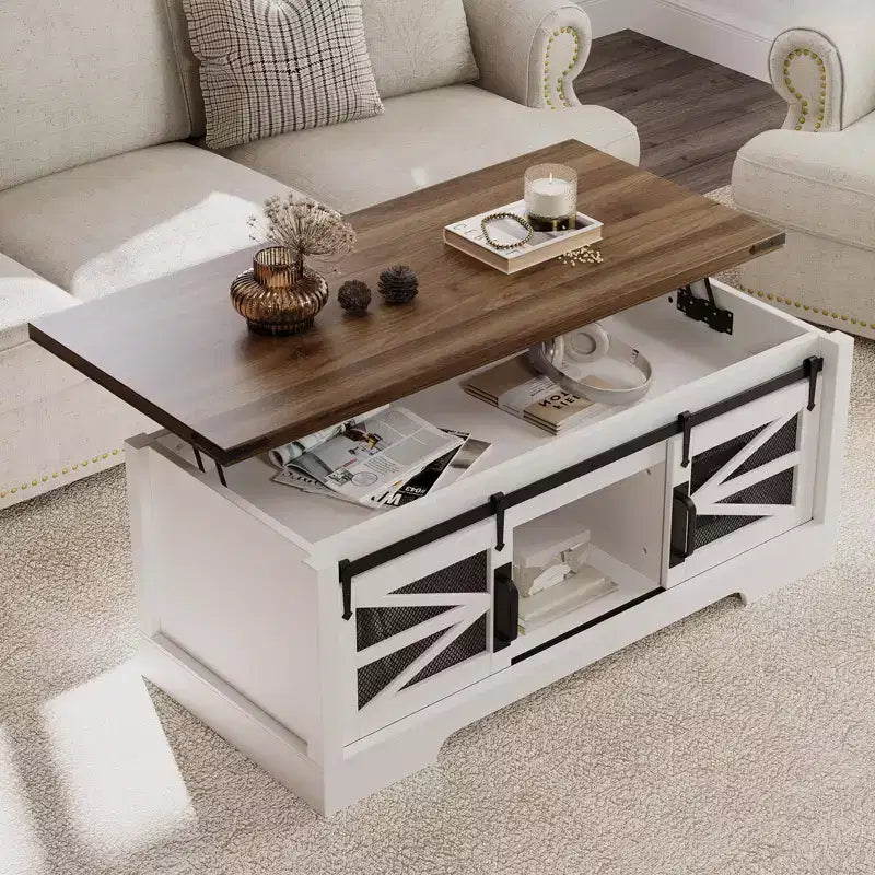 47 Inch Lift Top Coffee Tables with Storage & Sliding Barn Doors, Farmhouse Wood Cocktail Table, Living Room Furniture for Apartments