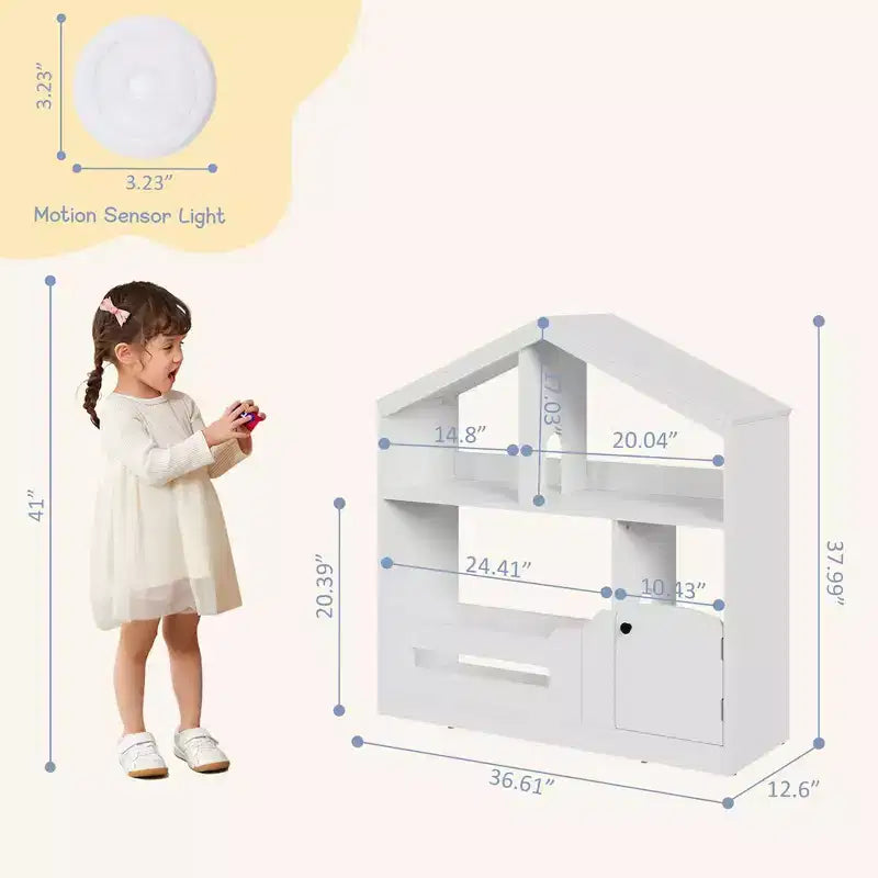3-Tier Kids Bookshelf, Toy Storage Organizer with Motion Sensor Light, Wooden Book Shelf, Kids Book Rack for Kids Rooms, Classroom, Playing Room