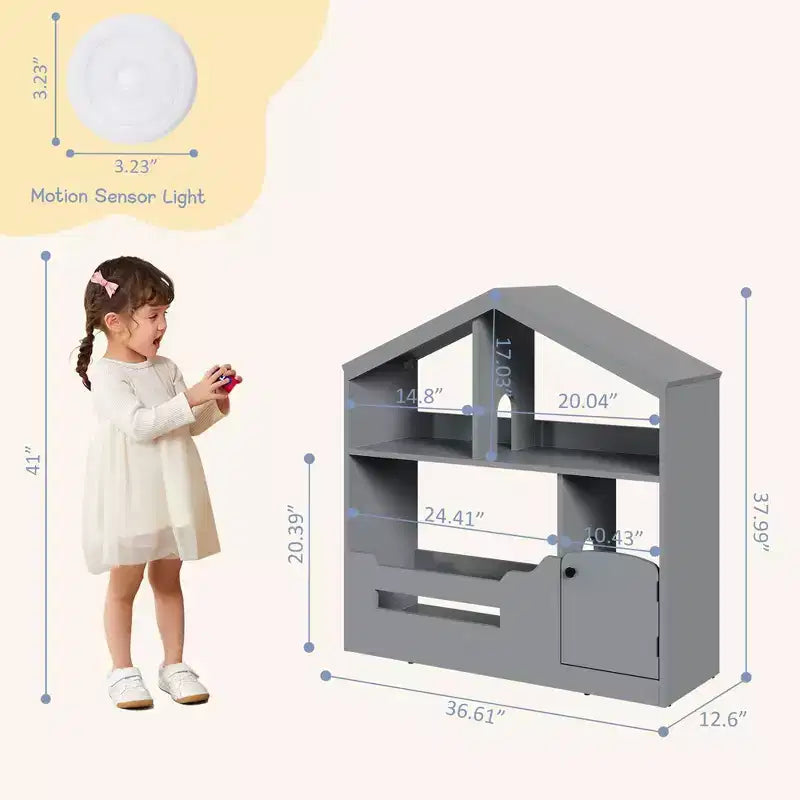 3-Tier Kids Bookshelf, Toy Storage Organizer with Motion Sensor Light, Wooden Book Shelf, Kids Book Rack for Kids Rooms, Classroom, Playing Room