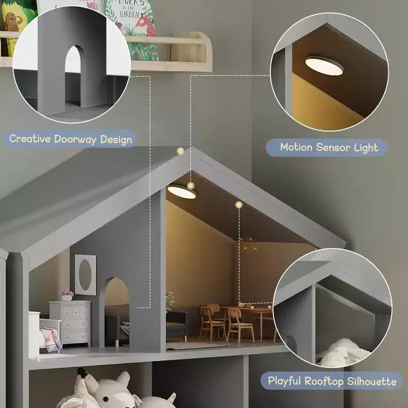 3-Tier Kids Bookshelf, Toy Storage Organizer with Motion Sensor Light, Wooden Book Shelf, Kids Book Rack for Kids Rooms, Classroom, Playing Room