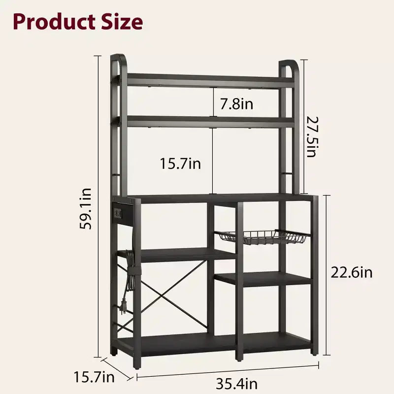 5-Tier Bakers Rack w/ Wire Basket, Microwave Stand w/ Power Outlets & Open Kitchen Shelving