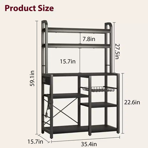 5-Tier Bakers Rack w/ Wire Basket, Microwave Stand w/ Power Outlets & Open Kitchen Shelving