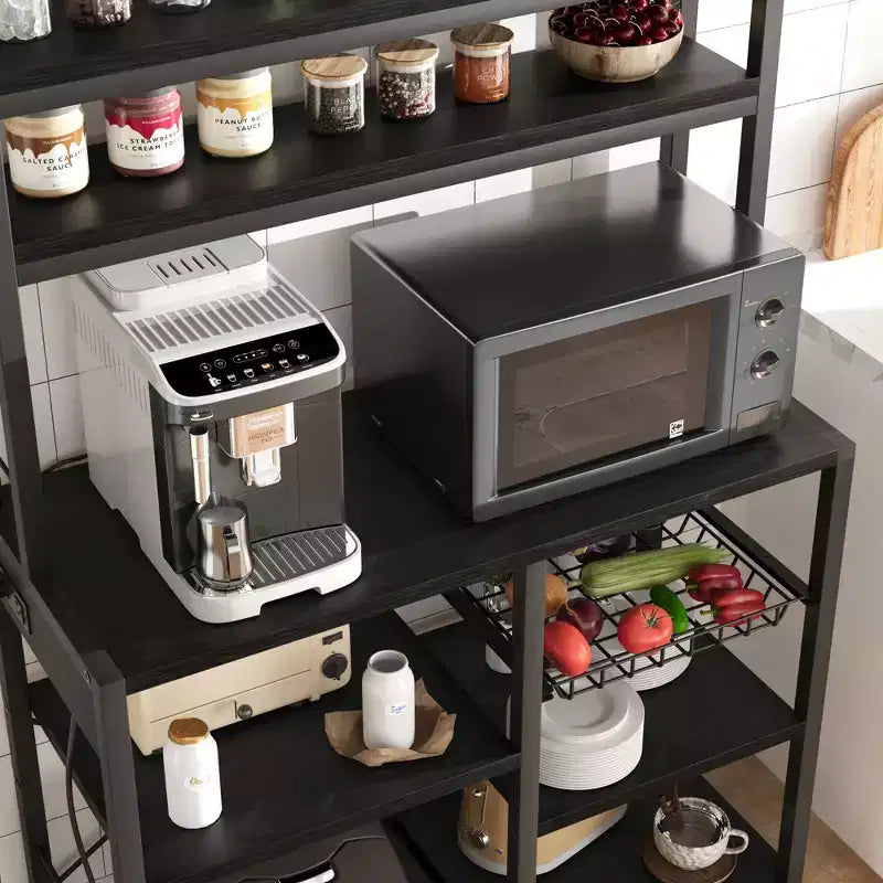 5-Tier Bakers Rack w/ Wire Basket, Microwave Stand w/ Power Outlets & Open Kitchen Shelving