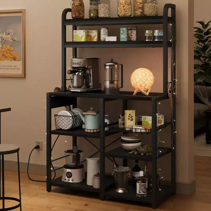 5-Tier Bakers Rack w/ Wire Basket, Microwave Stand w/ Power Outlets & Open Kitchen Shelving