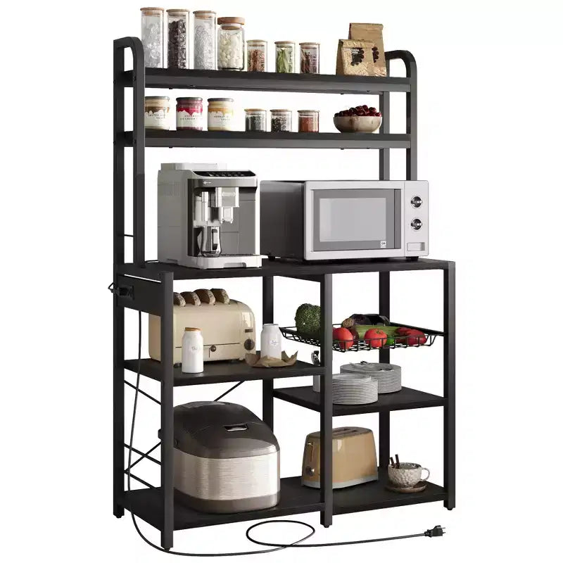 5-Tier Bakers Rack w/ Wire Basket, Microwave Stand w/ Power Outlets & Open Kitchen Shelving