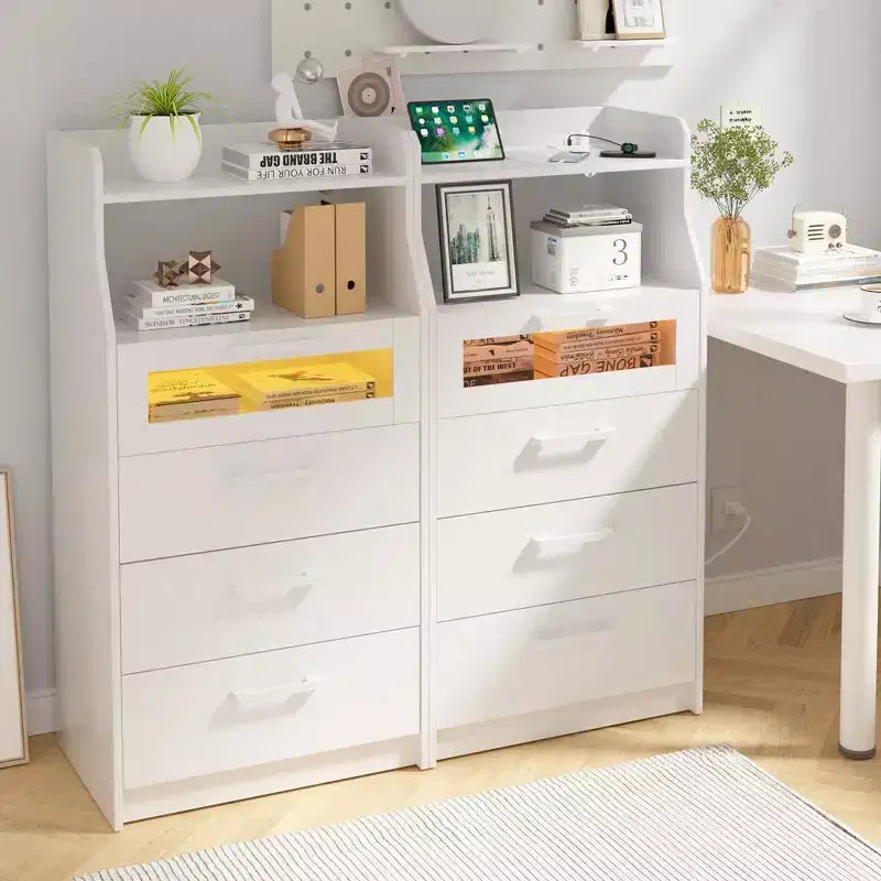 VECELO White Dresser Tall Modern Makeup Vanity Table with LED Lights & Charging Station