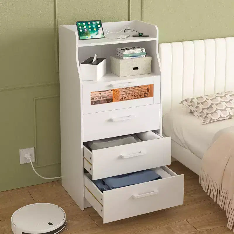 VECELO White Dresser Tall Modern Makeup Vanity Table with LED Lights & Charging Station