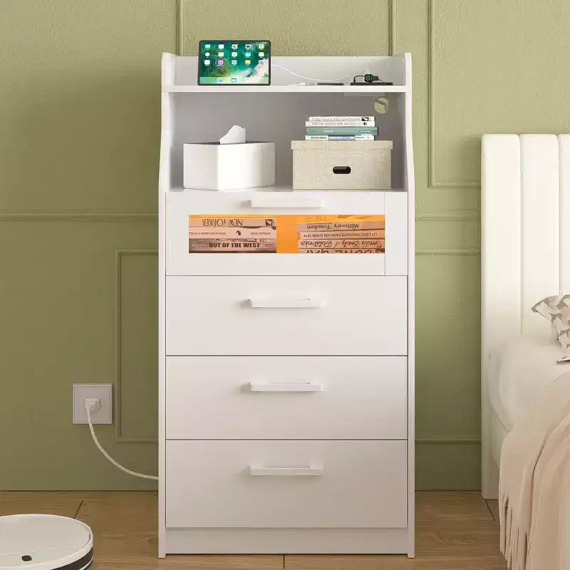 VECELO White Dresser Tall Modern Makeup Vanity Table with LED Lights & Charging Station