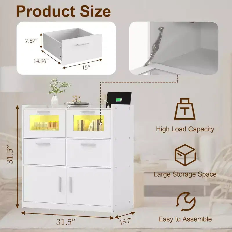 VECELO White Dresser Tall Modern Makeup Vanity Table with LED Lights & Charging Station