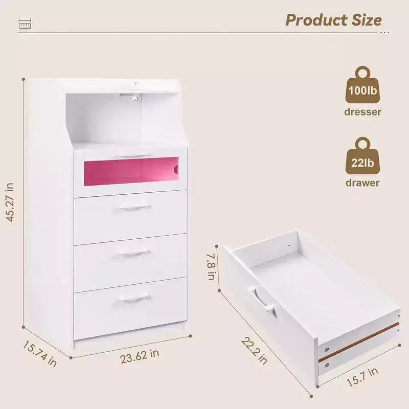 VECELO White Dresser Tall Modern Makeup Vanity Table with LED Lights & Charging Station