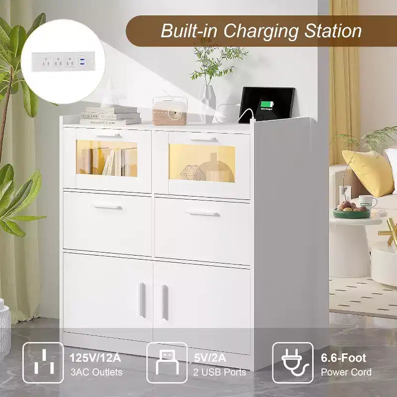 VECELO White Dresser Tall Modern Makeup Vanity Table with LED Lights & Charging Station