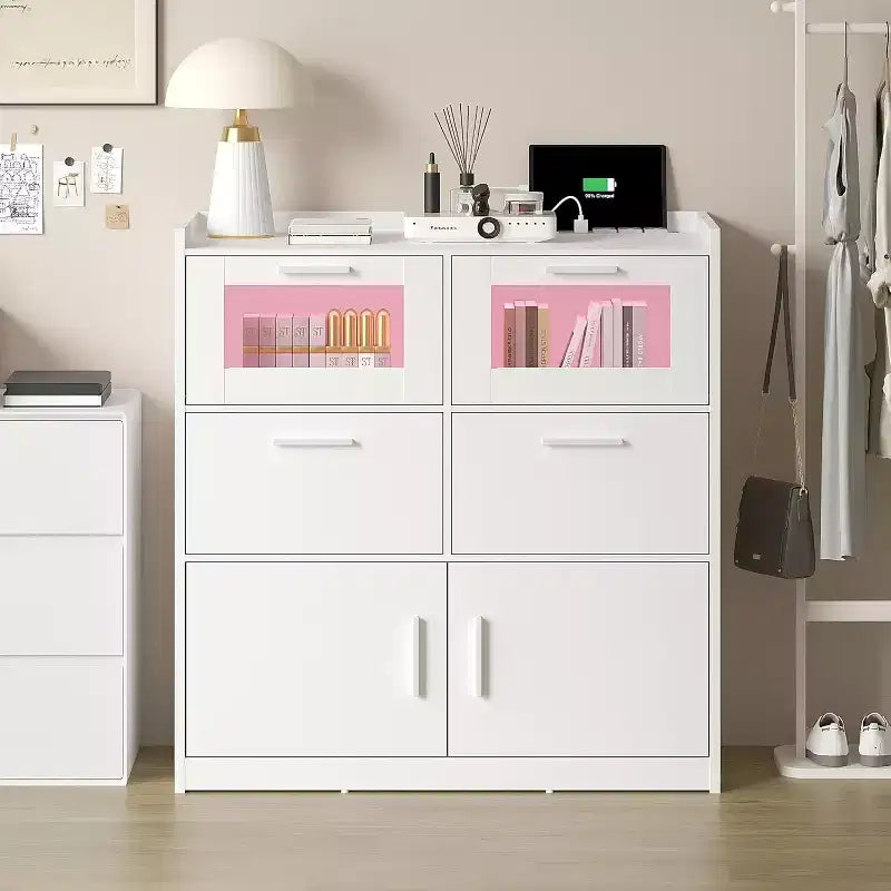 VECELO White Dresser Tall Modern Makeup Vanity Table with LED Lights & Charging Station