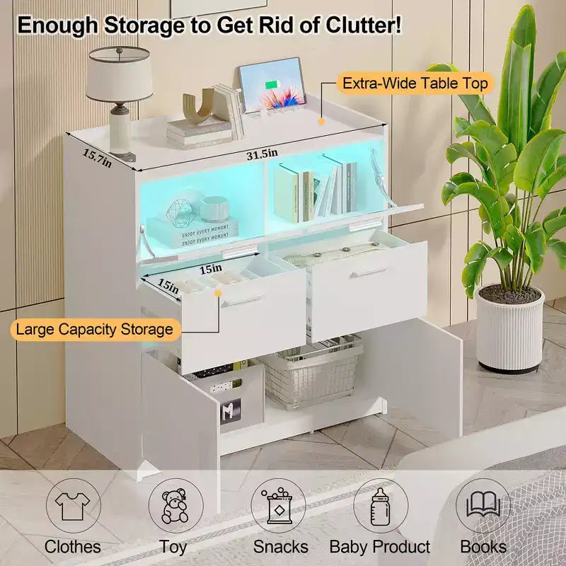 VECELO White Dresser Tall Modern Makeup Vanity Table with LED Lights & Charging Station