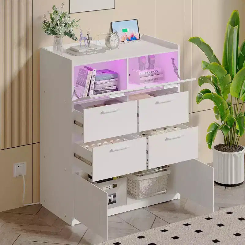 VECELO White Dresser Tall Modern Makeup Vanity Table with LED Lights & Charging Station