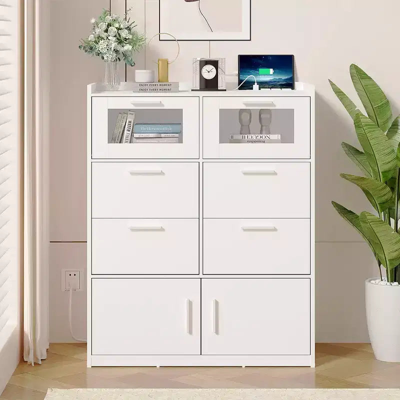 VECELO White Dresser Tall Modern Makeup Vanity Table with LED Lights & Charging Station