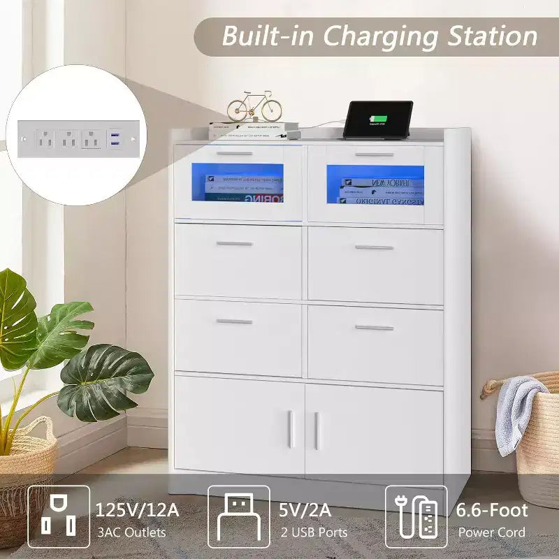 VECELO White Dresser Tall Modern Makeup Vanity Table with LED Lights & Charging Station