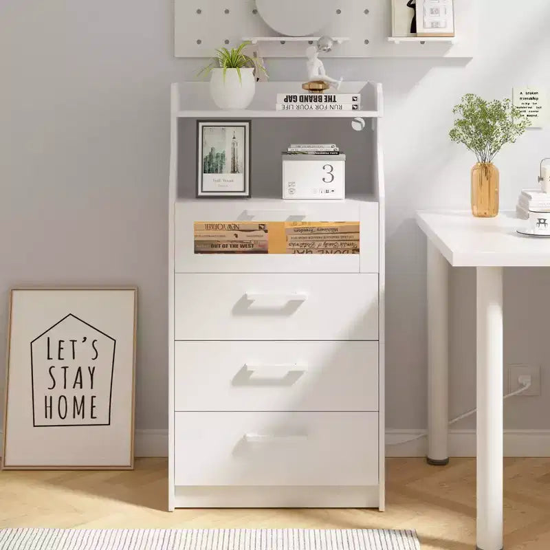 VECELO White Dresser Tall Modern Makeup Vanity Table with LED Lights & Charging Station