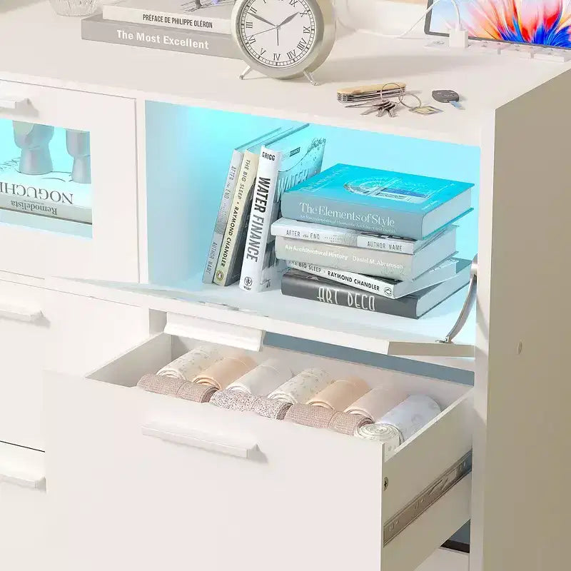 VECELO White Dresser Tall Modern Makeup Vanity Table with LED Lights & Charging Station