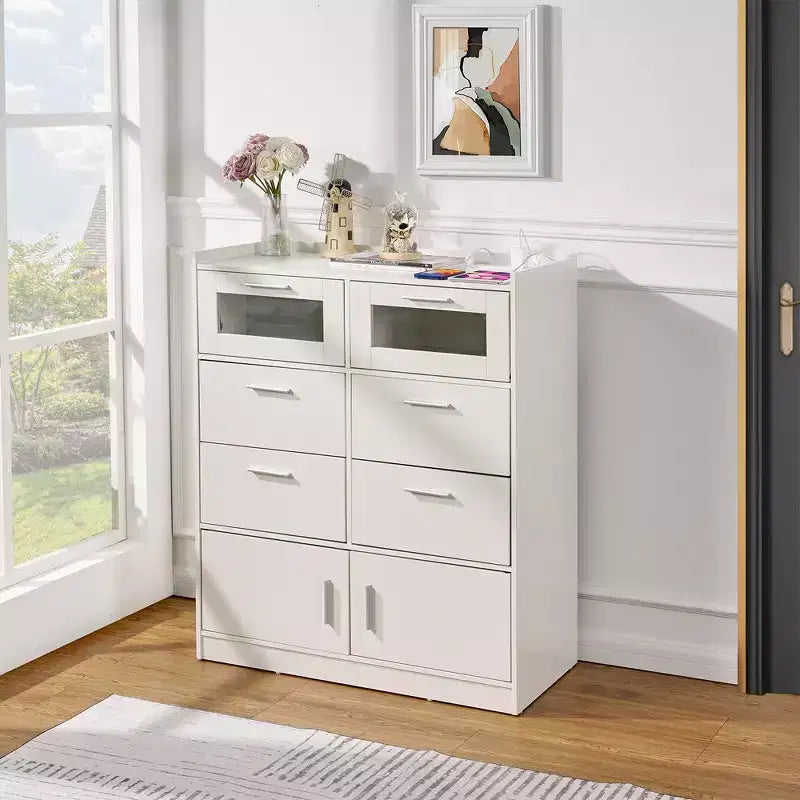 VECELO White Dresser Tall Modern Makeup Vanity Table with LED Lights & Charging Station