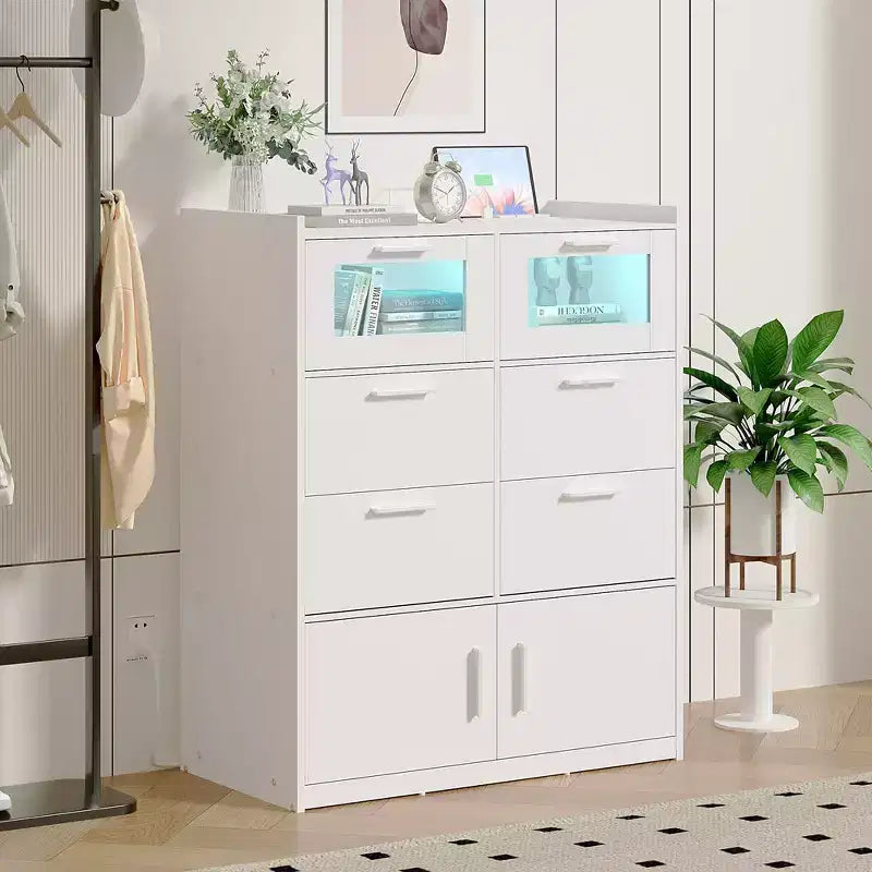 VECELO White Dresser Tall Modern Makeup Vanity Table with LED Lights & Charging Station