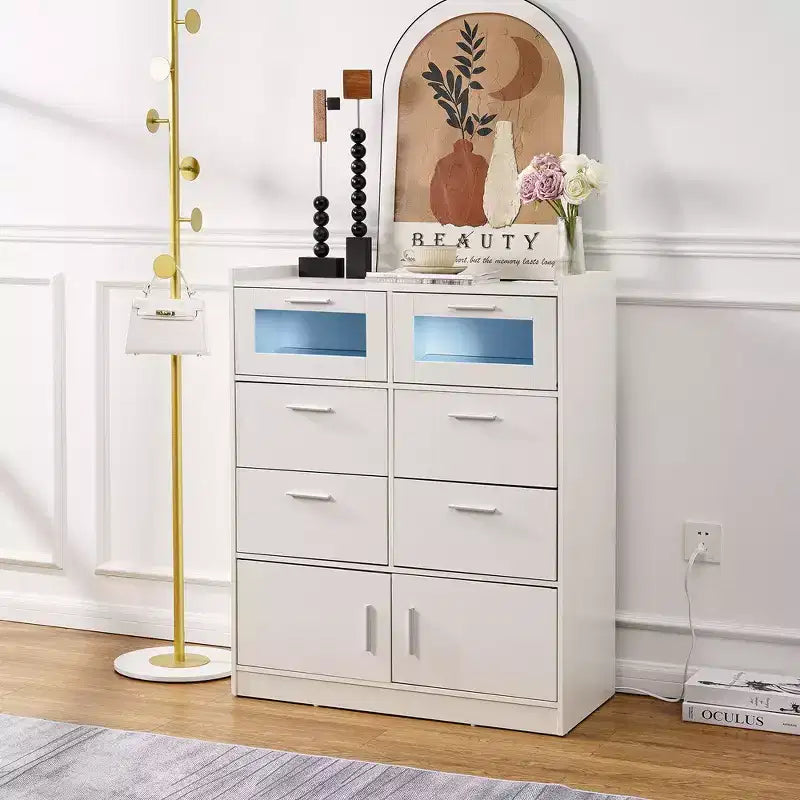 VECELO White Dresser Tall Modern Makeup Vanity Table with LED Lights & Charging Station