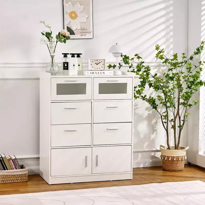 VECELO White Dresser Tall Modern Makeup Vanity Table with LED Lights & Charging Station