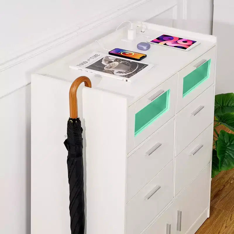 VECELO White Dresser Tall Modern Makeup Vanity Table with LED Lights & Charging Station